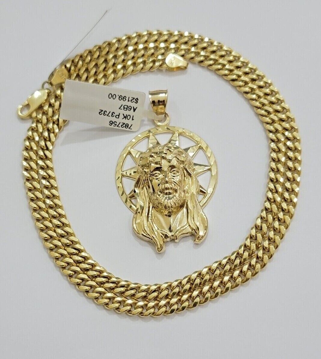 10kt Gold Miami Cuban Chain Jesus Head Charm Pendant Set 18-28 Inch 5mm Necklace