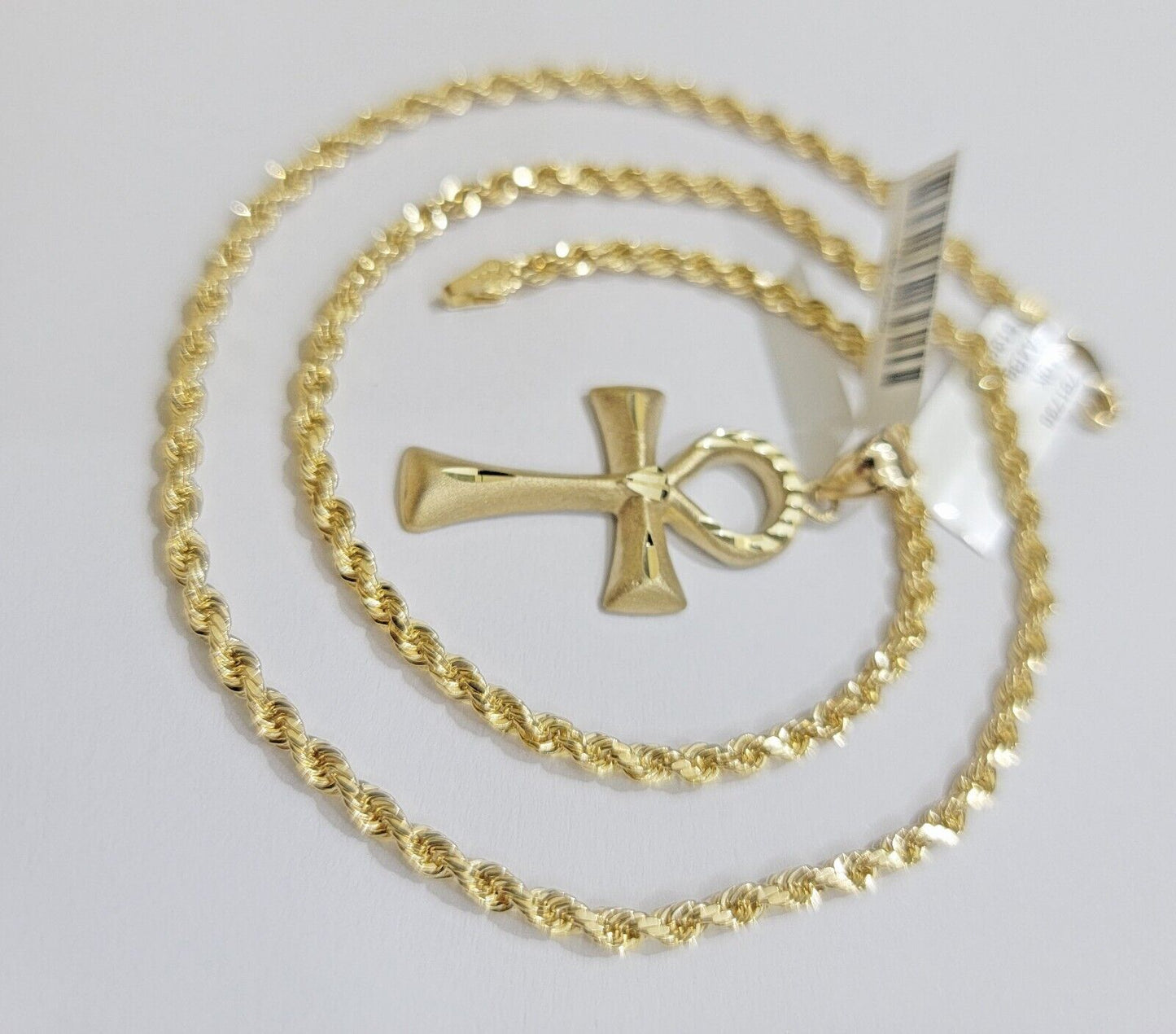 10k Gold Rope Chain Ankh Cross Charm Pendant Set 18"-28" inch 3mm Necklace, REAL