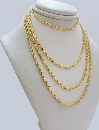 Real 18kt Yellow Gold Rope chain necklace 3mm 18-26 Inches Men women SOLID HEAVY