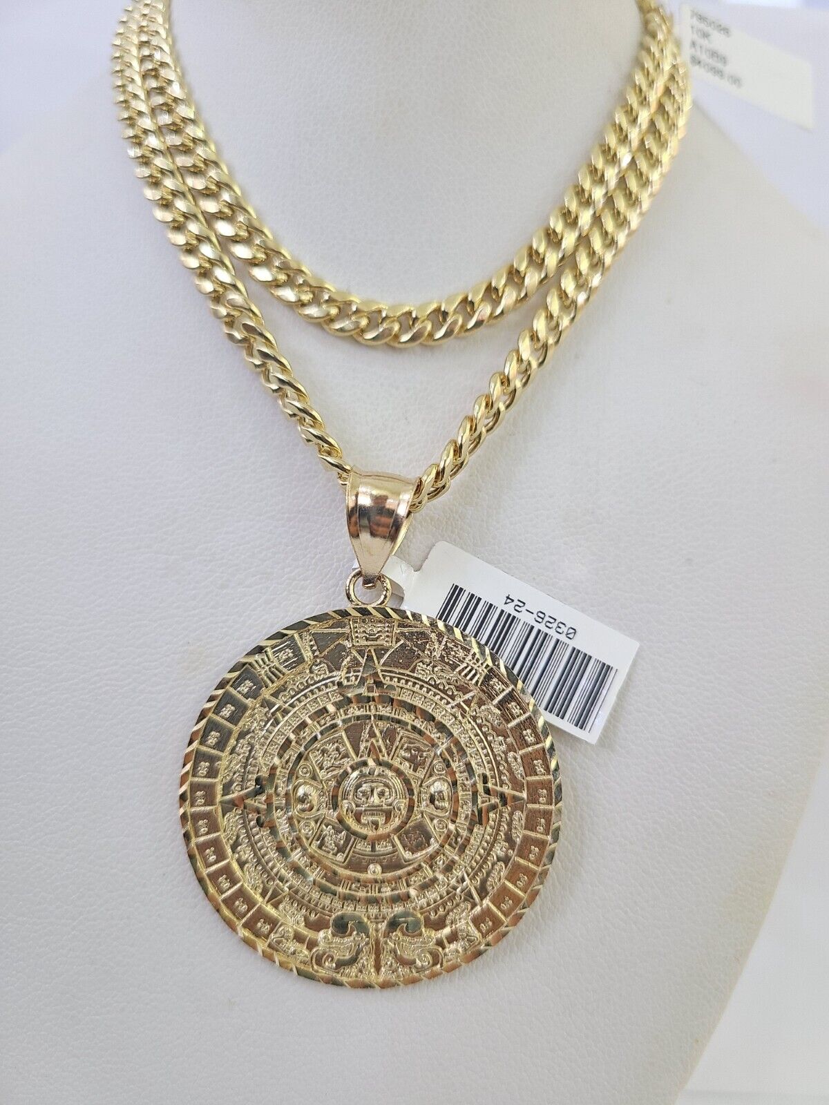 10k Gold Chain Mayan Calendar Pendant Set Miami Cuban link Necklace 5mm 20"-30"