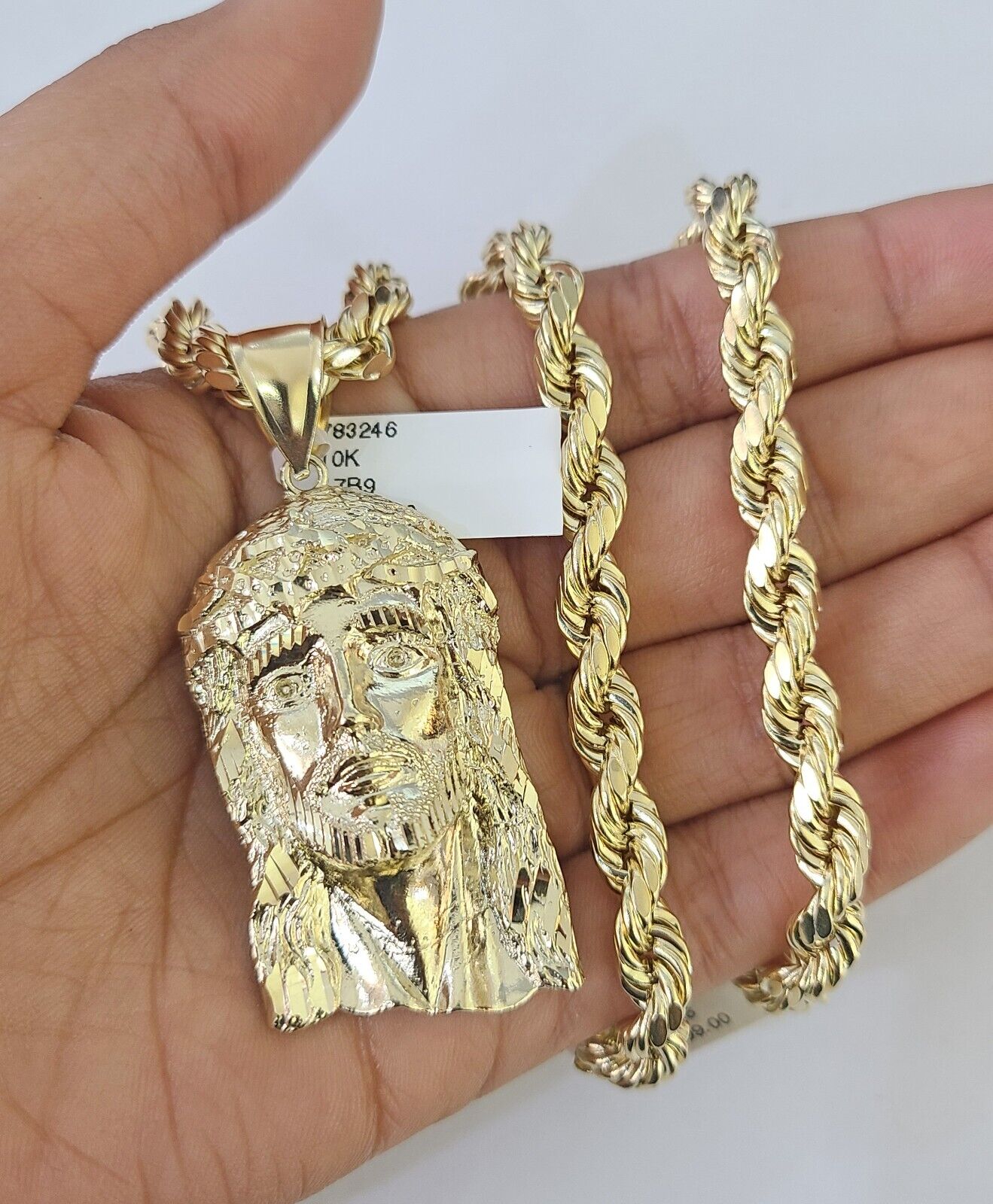 10k Yellow Gold Rope Chain Jesus Head Charm Pendant 18-30'' Inch 7mm  Necklace