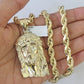 10k Yellow Gold Rope Chain Jesus Head Charm Pendant 18-30'' Inch 7mm  Necklace