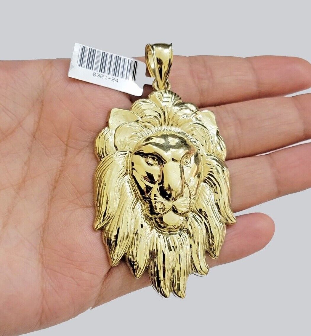 Real 10kt Gold Box Byzantine Necklace Lion Charm Pendant SET Chain 6mm 18 Inches