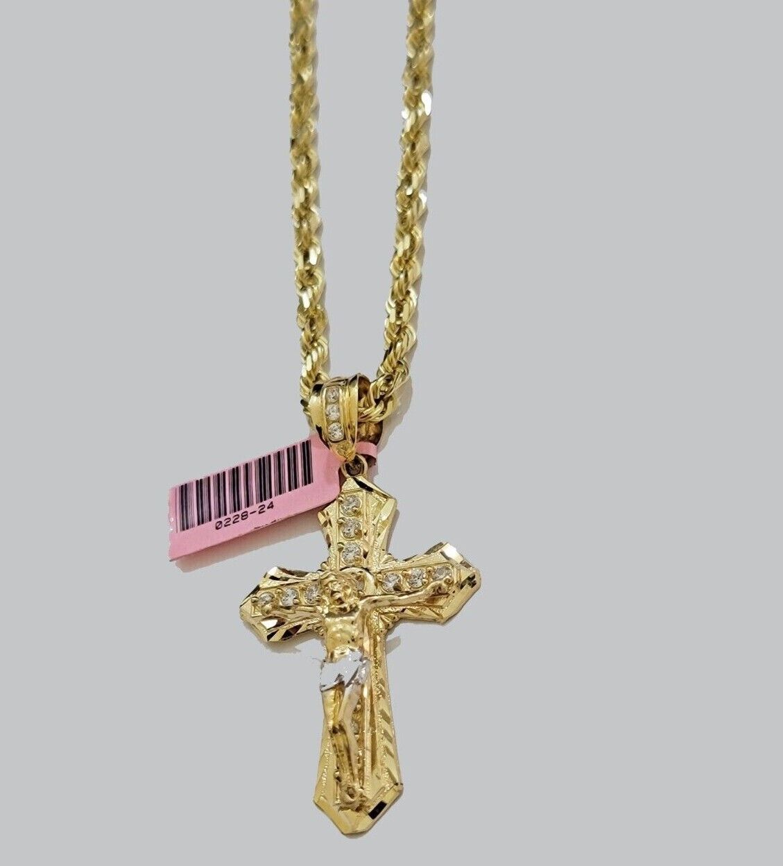 Solid 14kt Gold Rope Chain Necklace Jesus Cross Charm CZ Pendant 24'' Inches 4mm