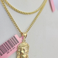 Real 14k Gold Chain Jesus Head Pendant Set 14kt Miami Cuban Link Chain 2mm Charm