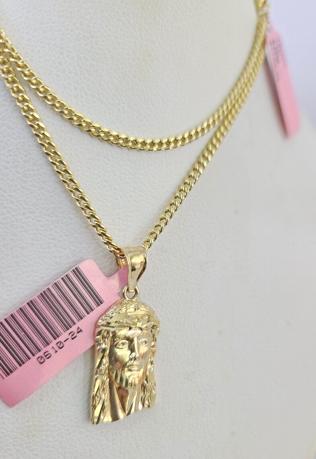 Real 14k Gold Chain Jesus Head Pendant Set 14kt Miami Cuban Link Chain 2mm Charm