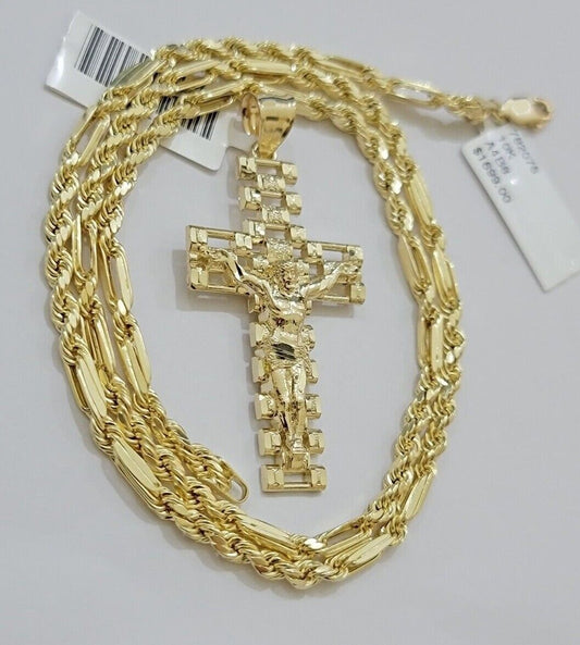 10k Gold Milano Rope Chain Jesus Cross Charm Pendant Set 18-24'' Inches Necklace