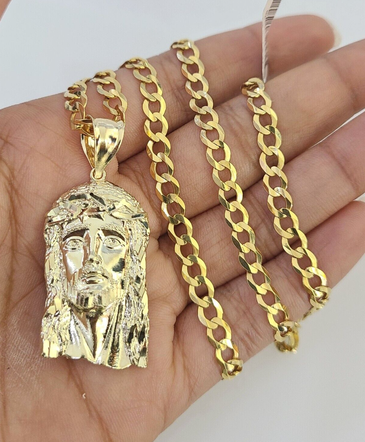 10k Gold Chain Necklace Jesus Head Pendant Set Cuban Curb 5mm 20"-28" Charm