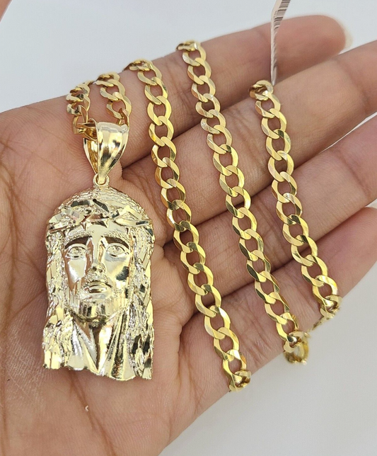 10k Gold Chain Necklace Jesus Head Pendant Set Cuban Curb 5mm 20"-28" Charm