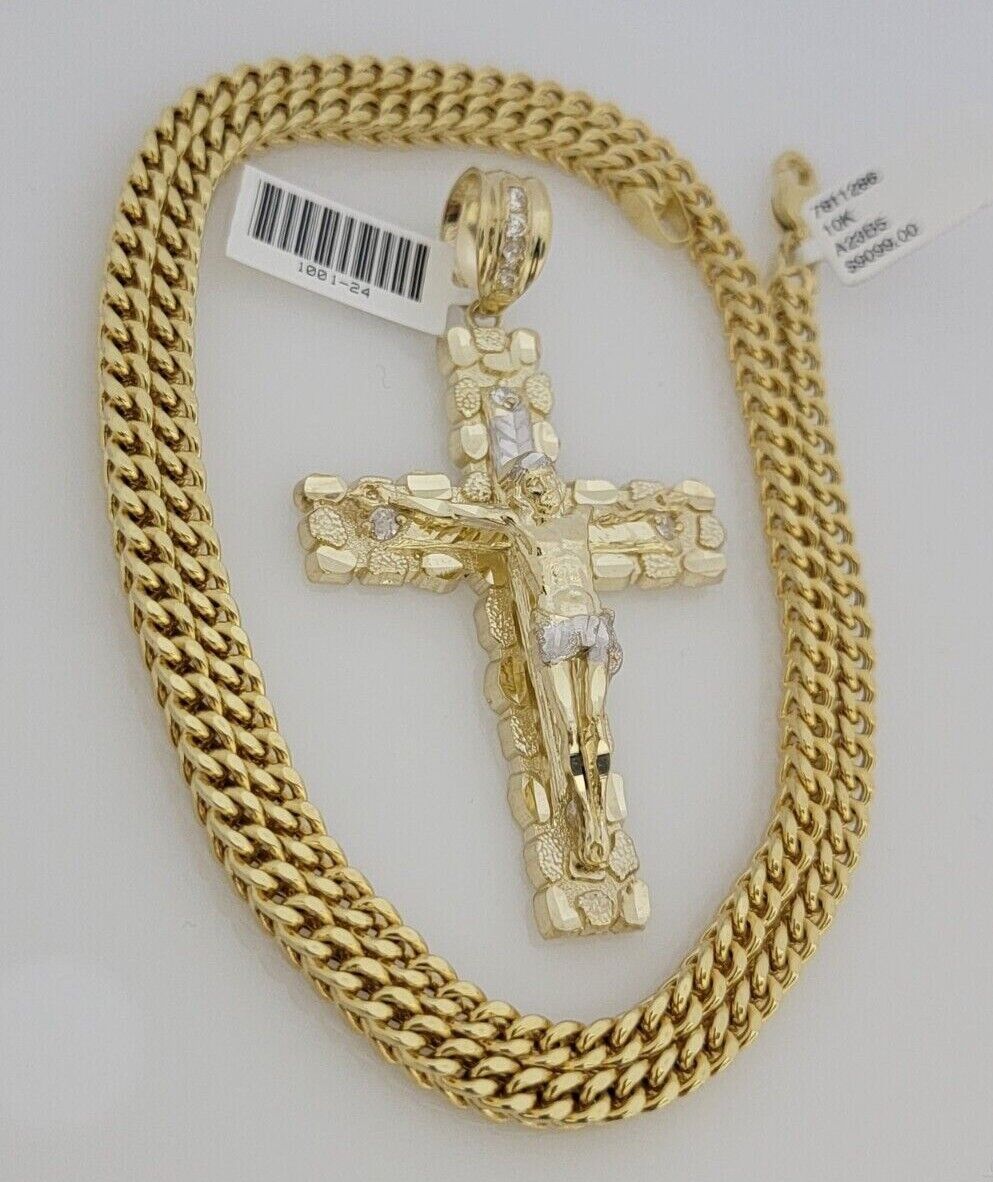 10kt Yellow Gold Franco Chain Necklace Nugget Cross Charm Pendant 5mm 20-26 Inch