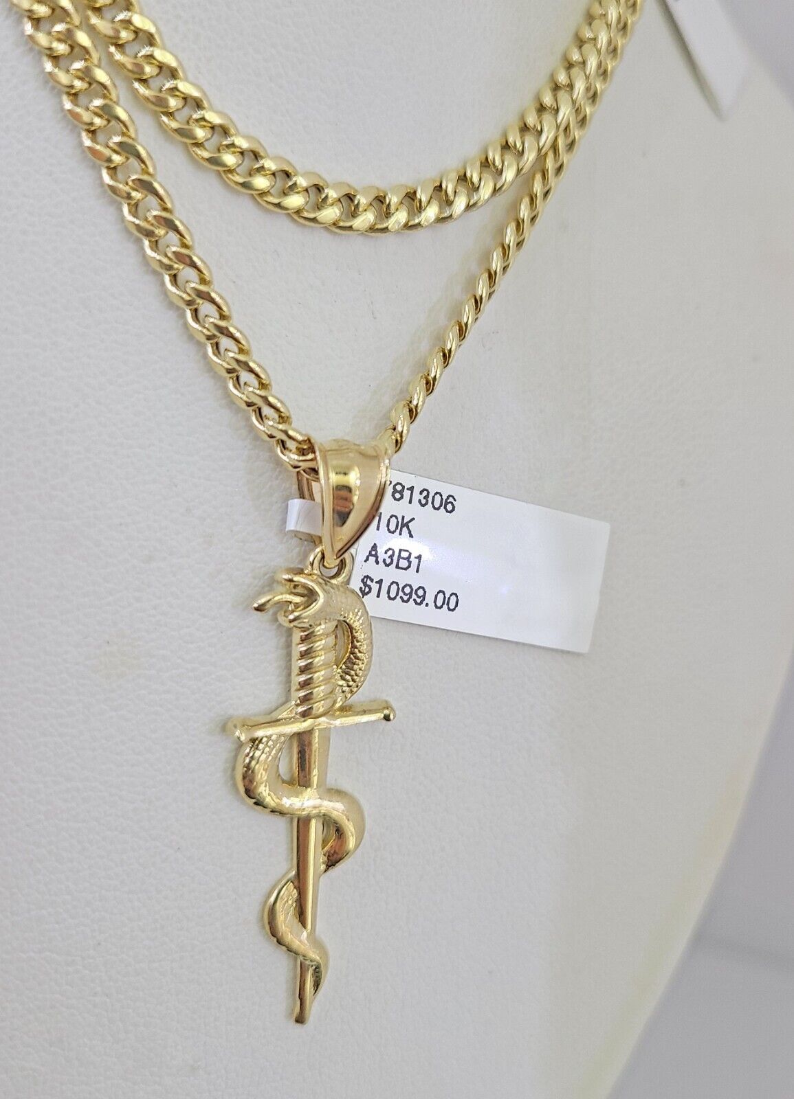 10k Gold Chain Snake Cross Pendant Set Miami Cuban Necklace 4mm 18"-26" Charm