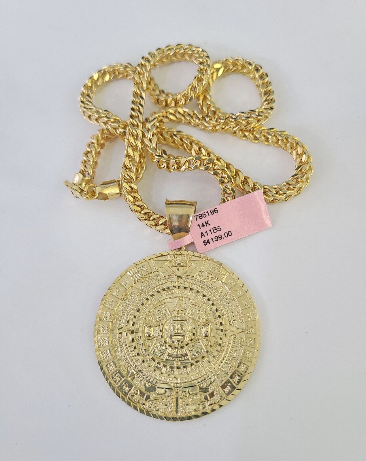 14k Yellow Gold Franco Chain Necklace Mayan Calendar Charm Pendant 4mm 22"Inch