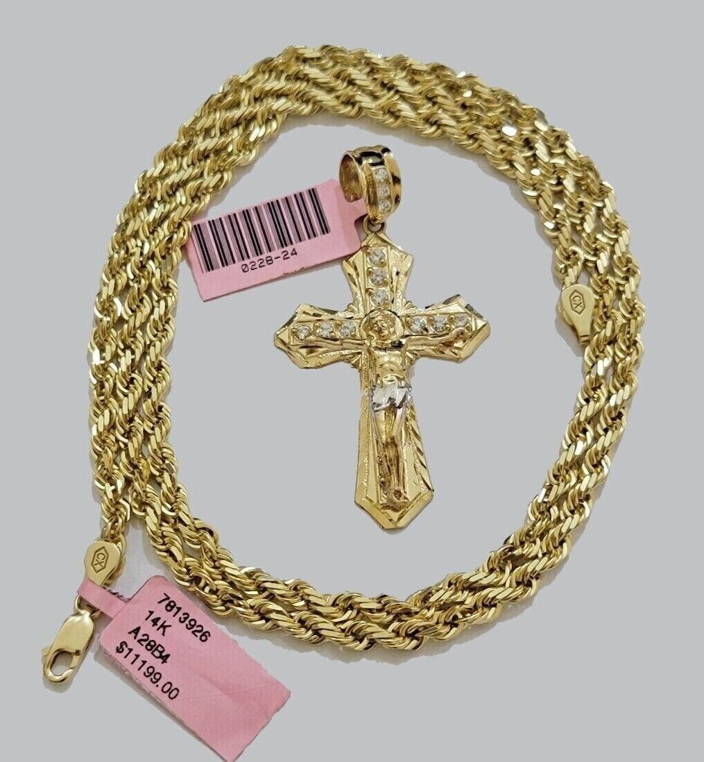 14k Solid Gold Rope Chain Necklace Jesus Cross Charm CZ Pendant 26 Inch 4mm SALE