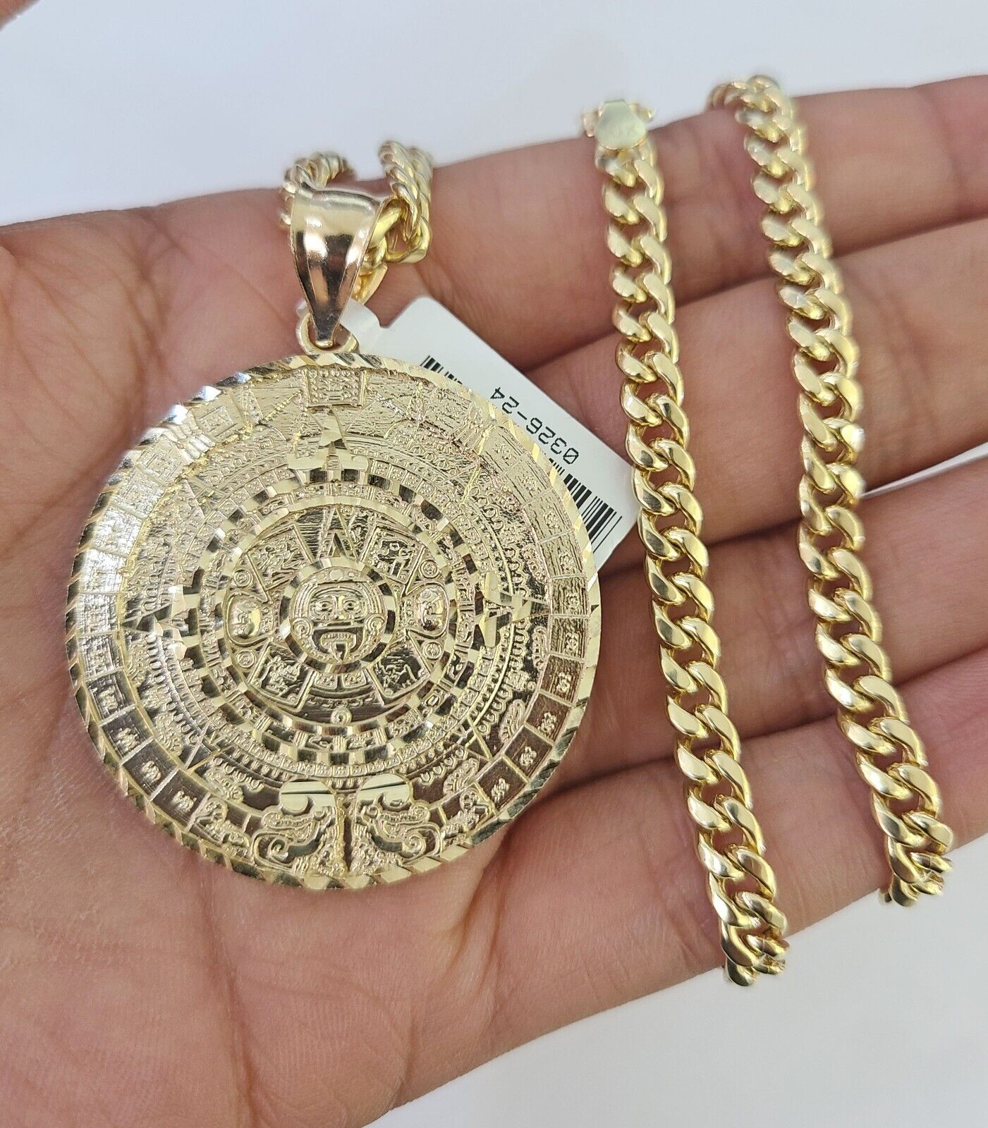 10k Gold Chain Mayan Calendar Pendant Set Miami Cuban link Necklace 5mm 20"-30"