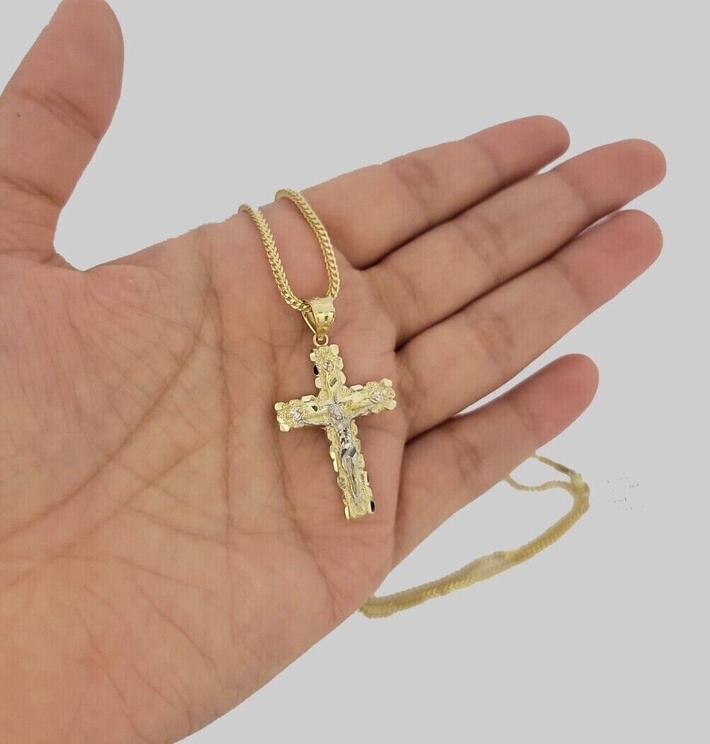 10k Gold Franco Chain Jesus Crucifix Cross Charm Pendant 2mm 16-24 Inch Necklace