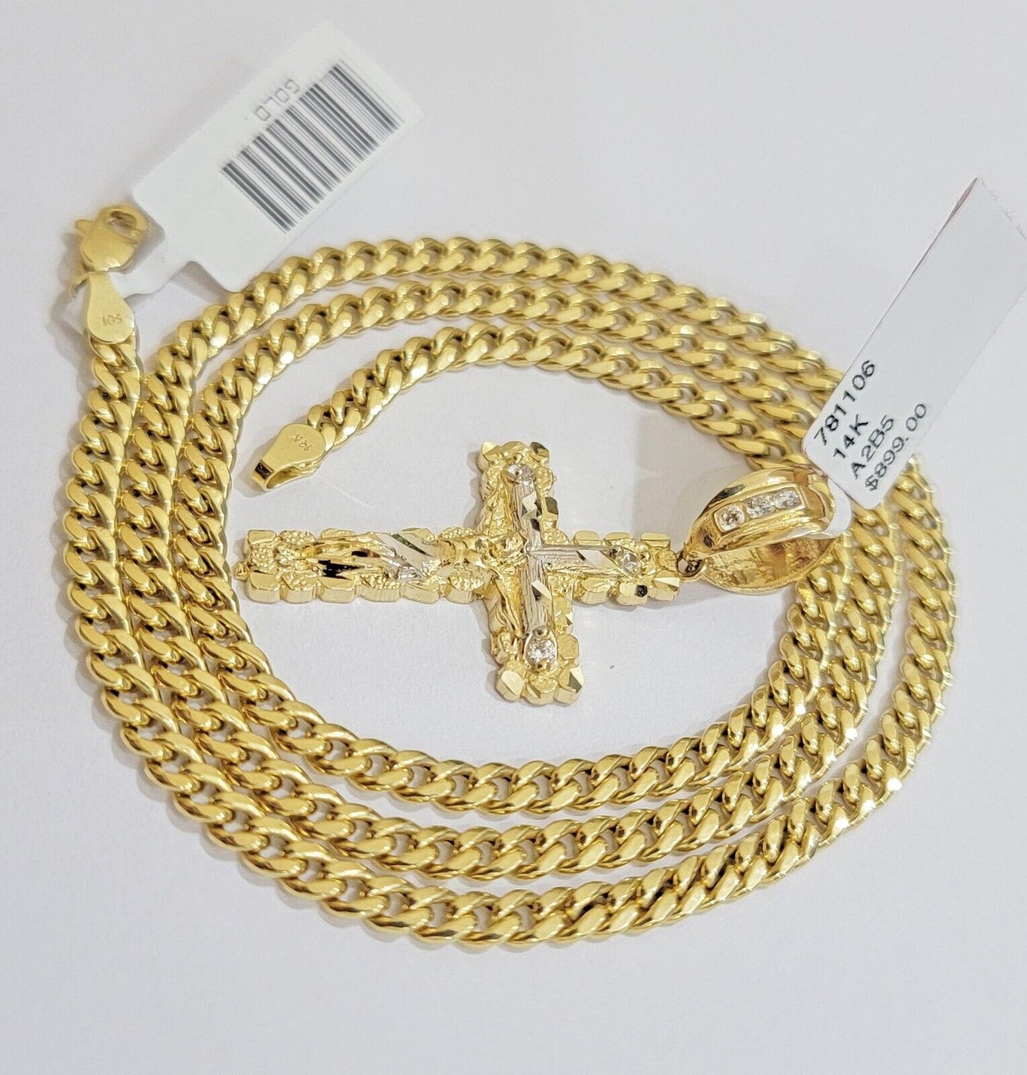 Real 14k Gold Chain & Cross pendant Set 14kt Miami Cuban Link Chain 4mm & Cham