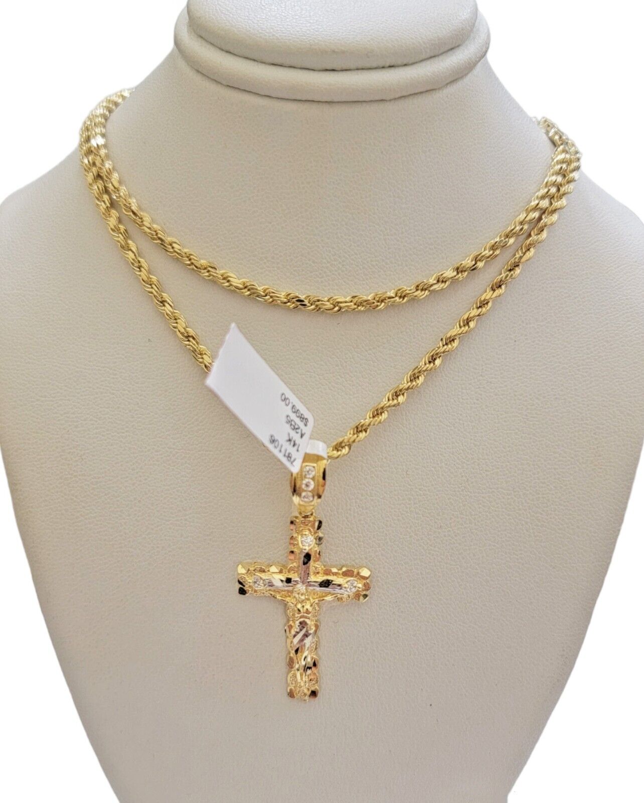 Real 14k Gold Rope Chain Necklace Jesus Cross Charm Pendant Set 16-28