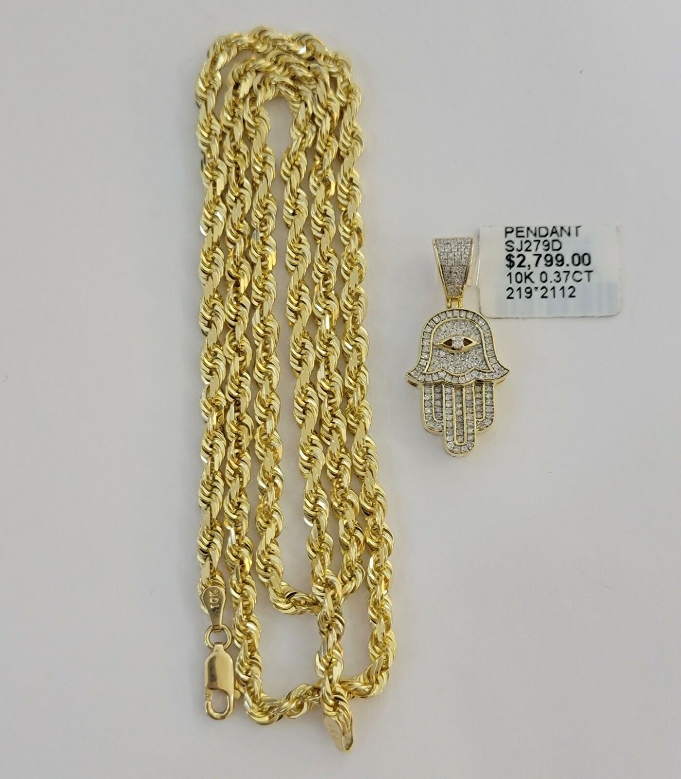 10k Gold Rope Chain necklace Hamsa Diamond Pendant Hamza Charm Necklace REAL