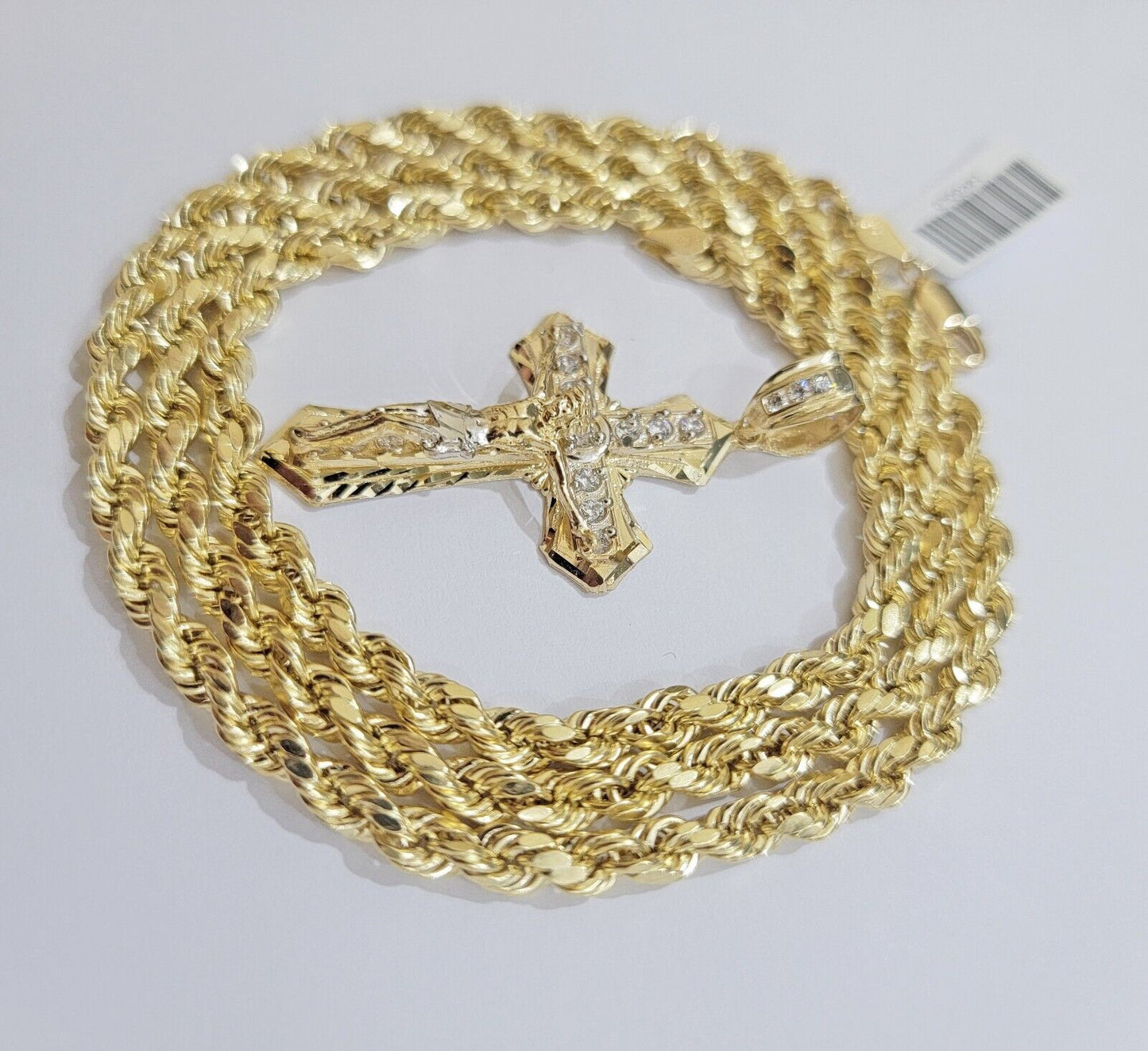 10k Gold Rope Chain Necklace Cross Charm Jesus Pendant Set 18-28" 5mm, REAL 10KT