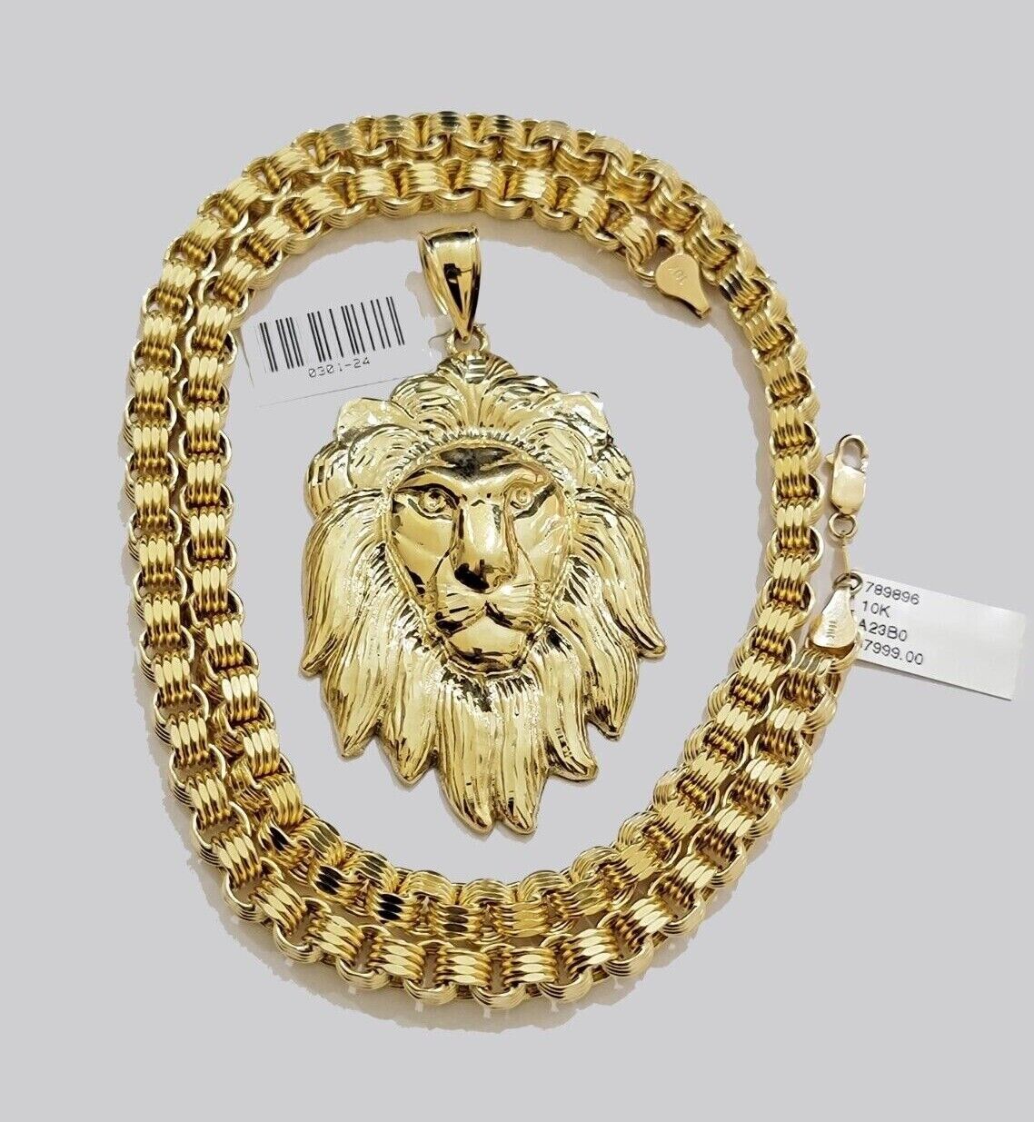 10kt Real Gold Box Byzantine Necklace Lion Charm Pendant SET 28 Inches Chain 6mm