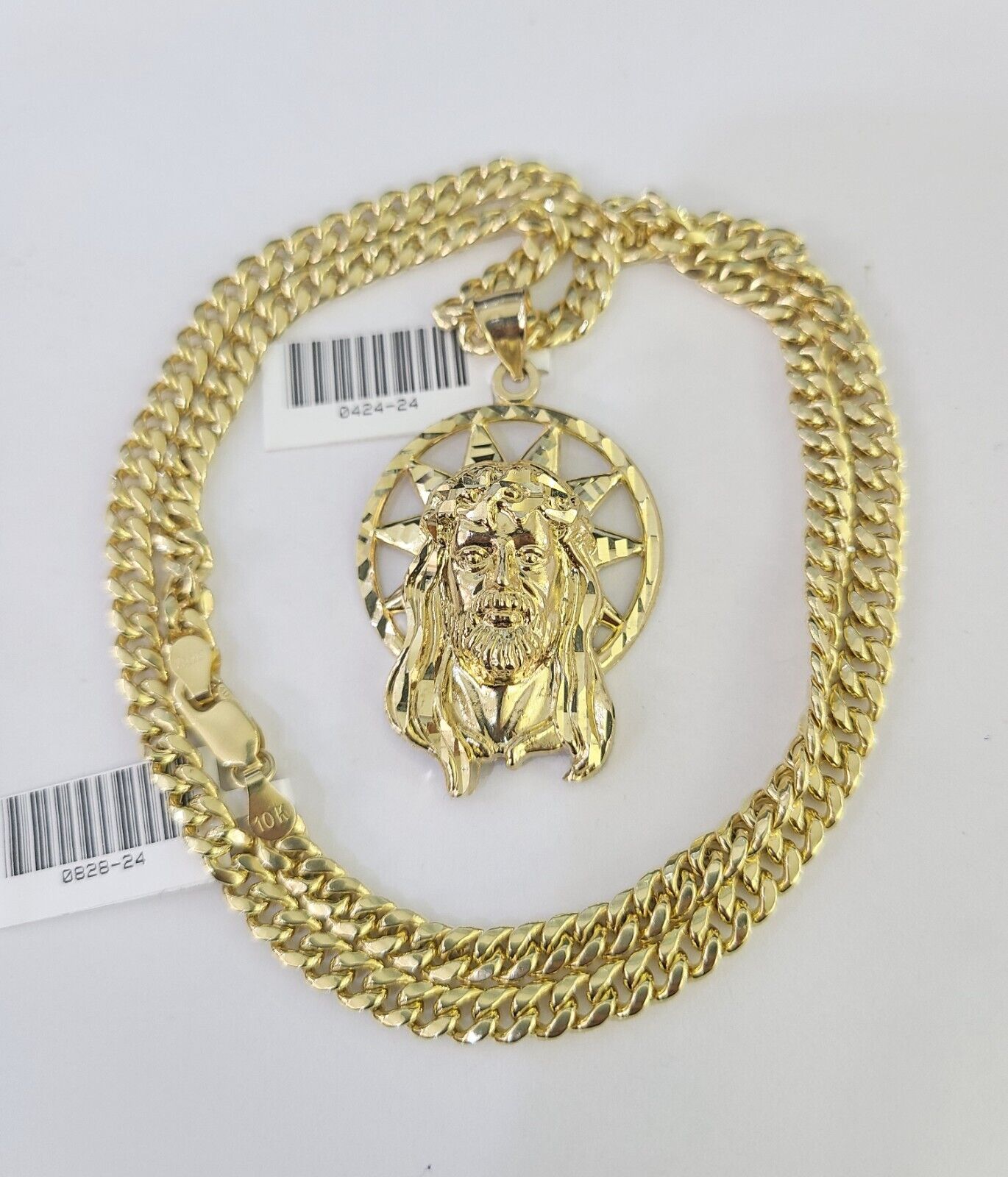 10k Gold Chain Jesus Head Pendant Set Miami Cuban link Necklace 5mm 20-30 Inch