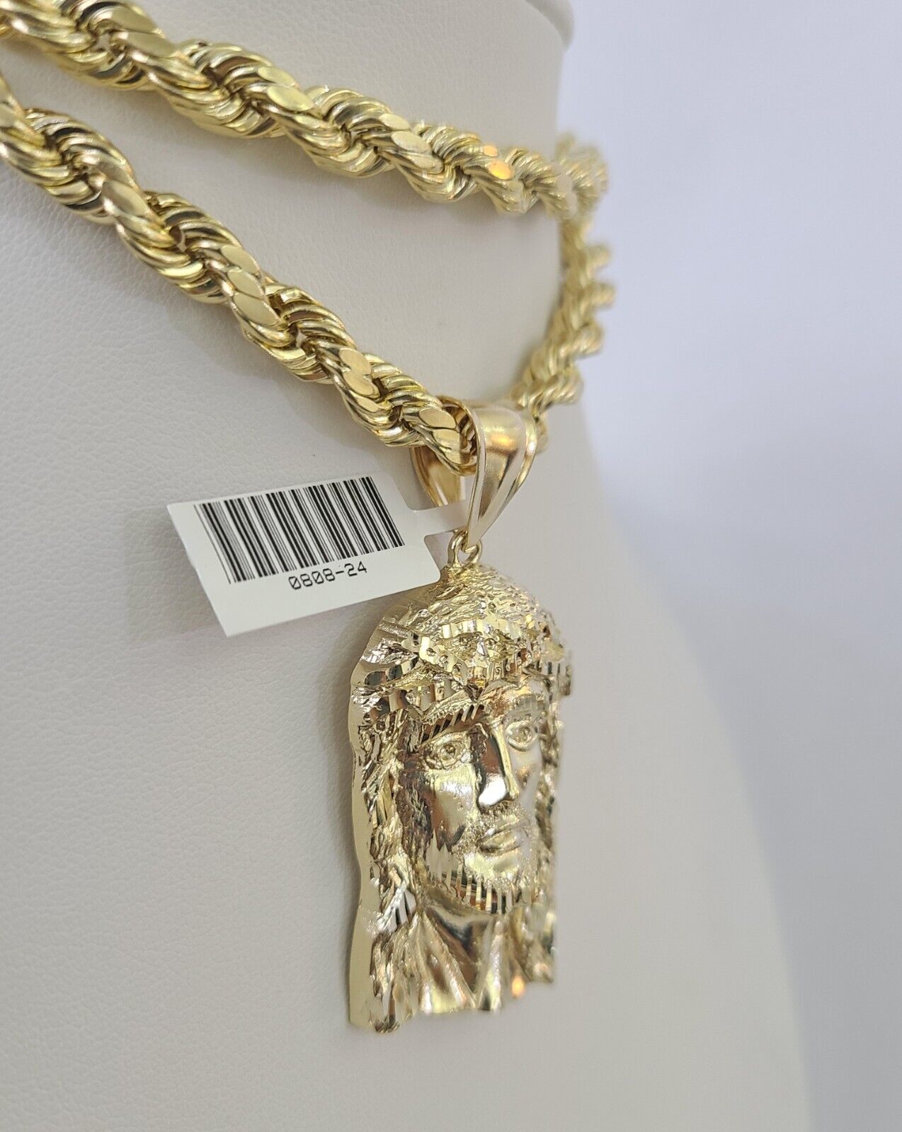 10k Yellow Gold Rope Chain Jesus Head Charm Pendant 18-30'' Inch 7mm  Necklace