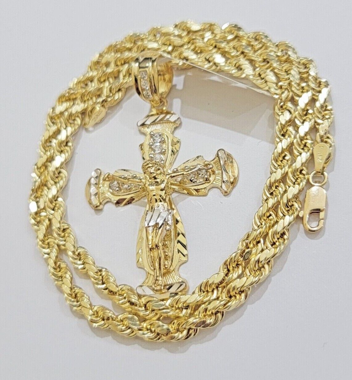 Real 10k Gold Chain Charm Set Jesus Cross Pendant Rope Necklace 5mm 18