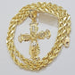 Real 10k Gold Chain Charm Set Jesus Cross Pendant Rope Necklace 5mm 18"-28" Mens