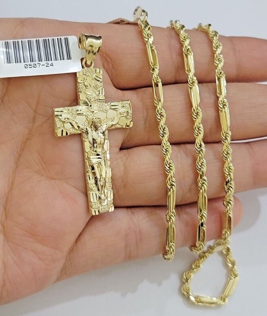 10kt Gold Milano Rope Chain Nugget Cross Charm Pendant Set 18-24'' Inch Necklace