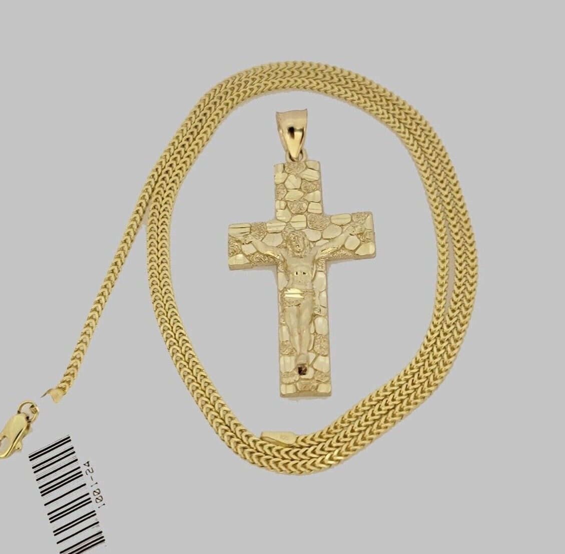 10k Gold Franco Chain Jesus Nugget Cross Charm Pendant 2mm 16-24 Inches Necklace