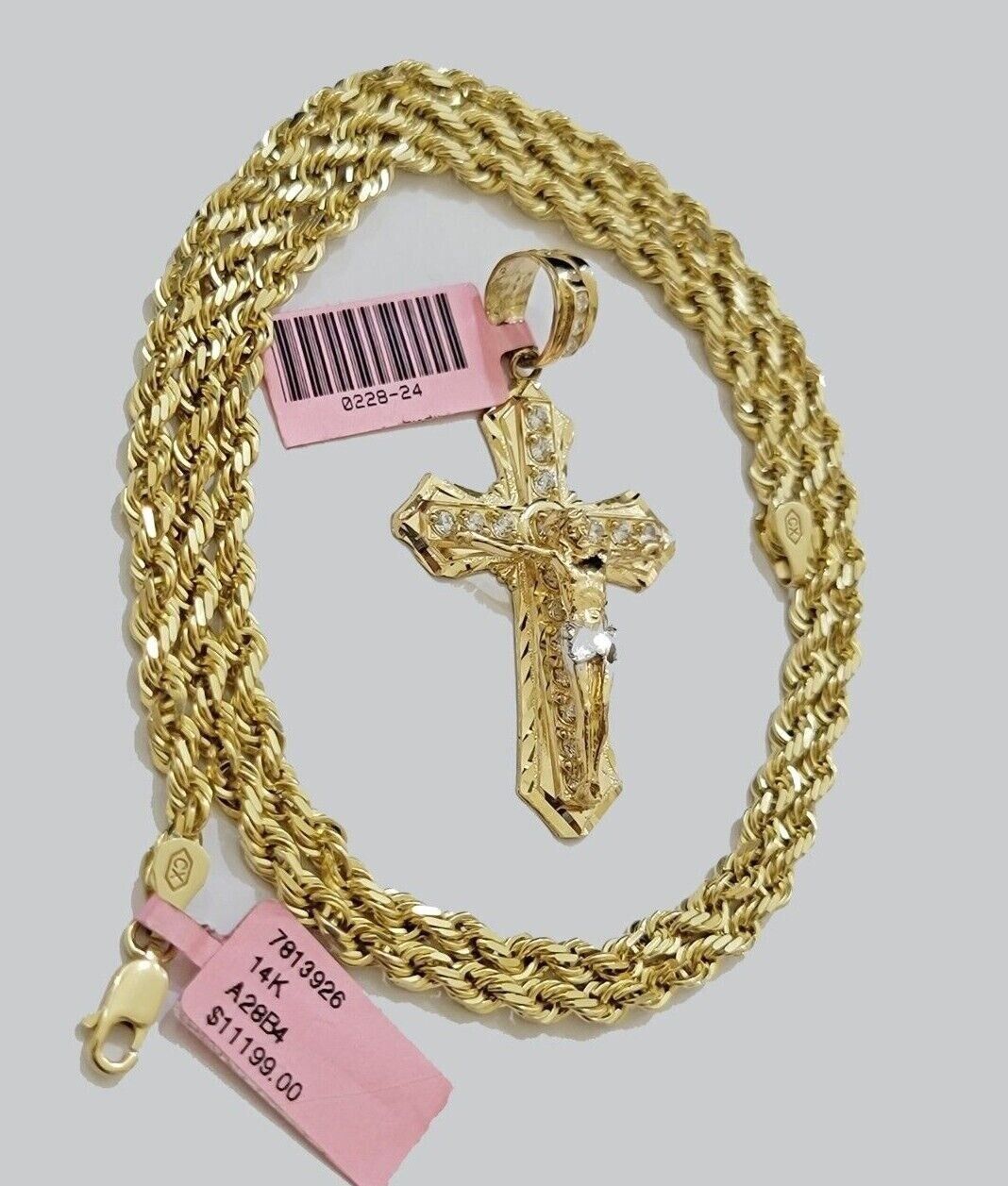 14kt Gold Solid Rope Chain Necklace Jesus Cross Charm CZ Pendant 22'' Inches 4mm