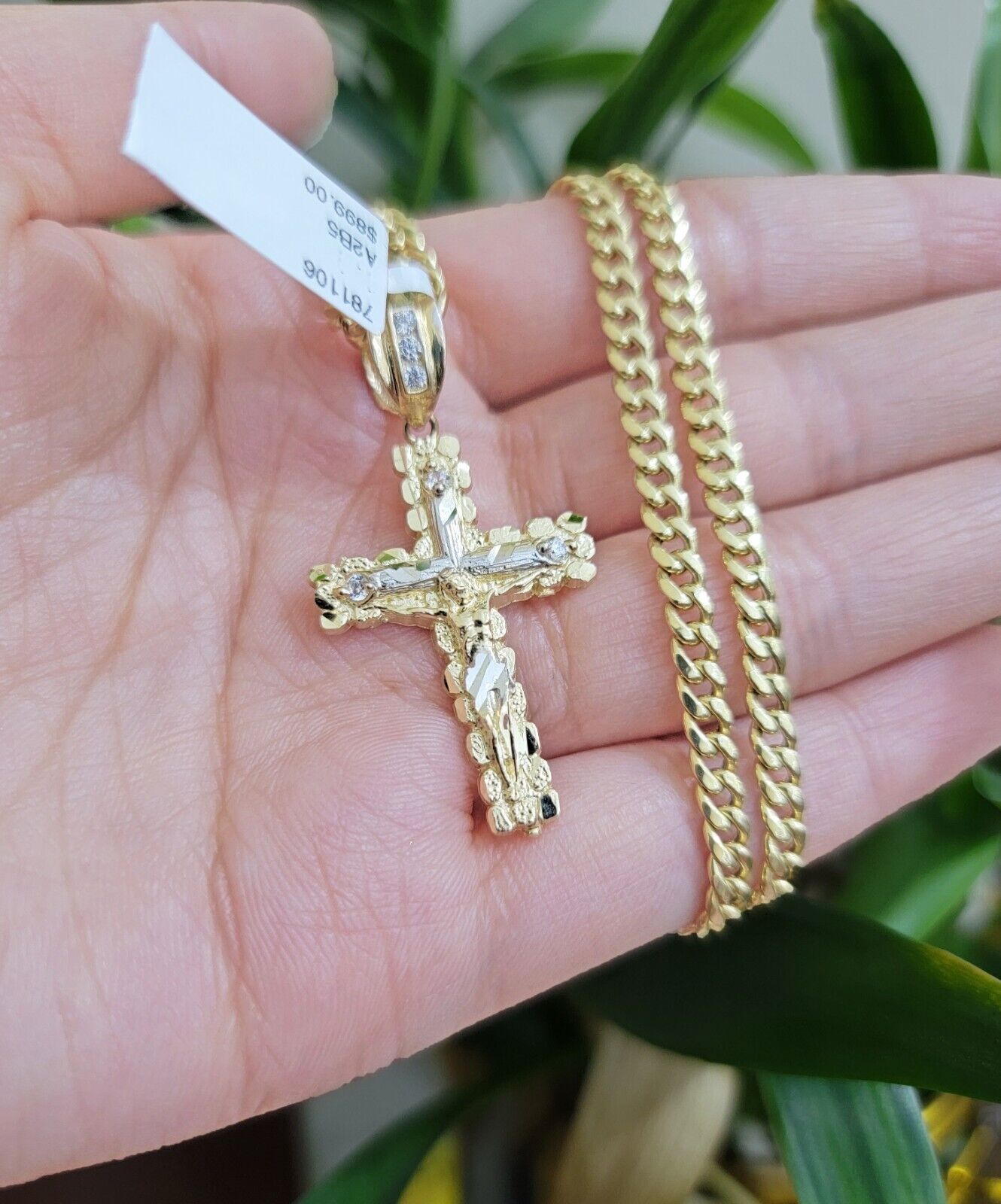 10k Yellow Gold Cross Charm Pendant 18-26" Miami Cuban Link Chain Necklace SET