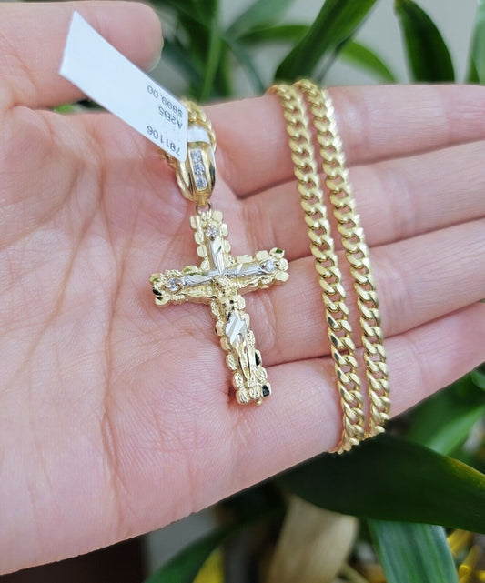 10k Yellow Gold Cross Charm Pendant 18-26" Miami Cuban Link Chain Necklace SET