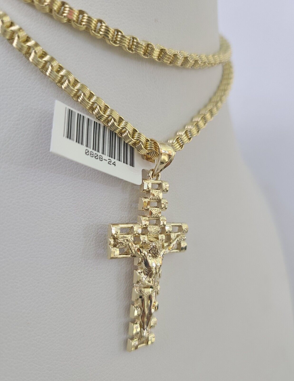 Real 10k Gold Byzantine Necklace Jesus Cross Charm SET Chain 18"-30" 3mm Pendant