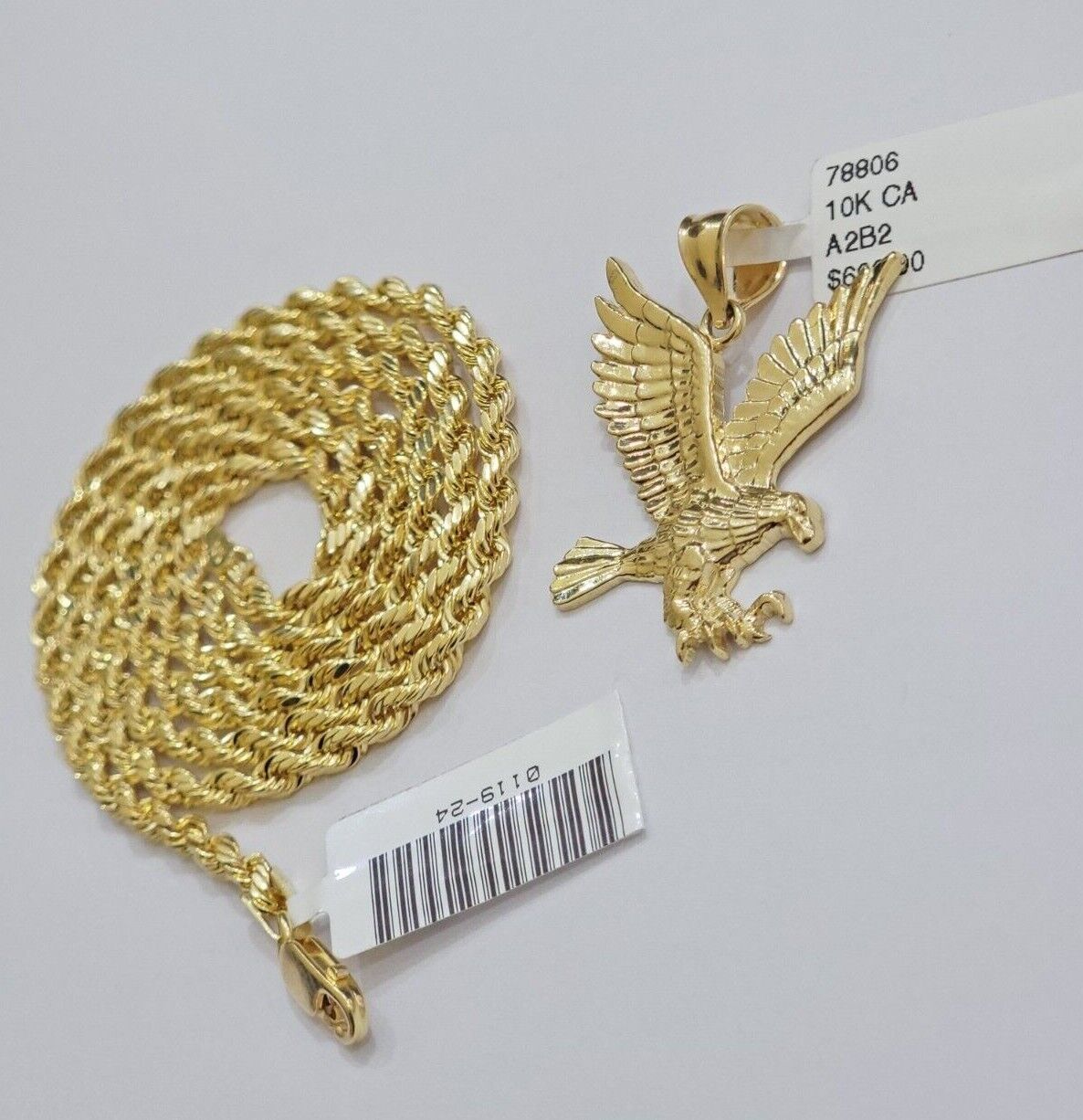 10k Gold Rope Chain Eagle Charm Pendant Set 22'' Inches 3mm Necklace REAL SALE