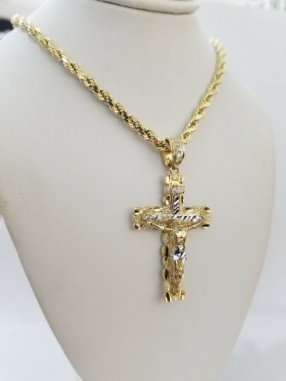 10k yellow gold rope chain with cross charm pendant set real 10kt 4mm necklace