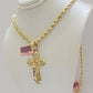 Solid 14kt Gold Rope Chain Necklace Jesus Cross Charm CZ Pendant  20-30 Inch 4mm