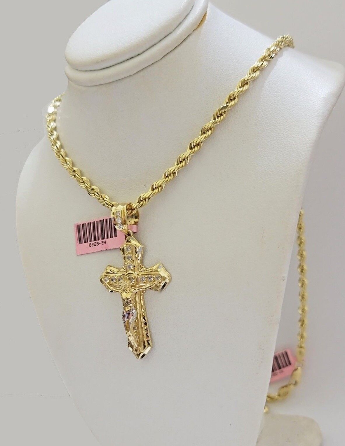 Solid 14kt Gold Rope Chain Necklace Jesus Cross Charm CZ Pendant  20-30 Inch 4mm