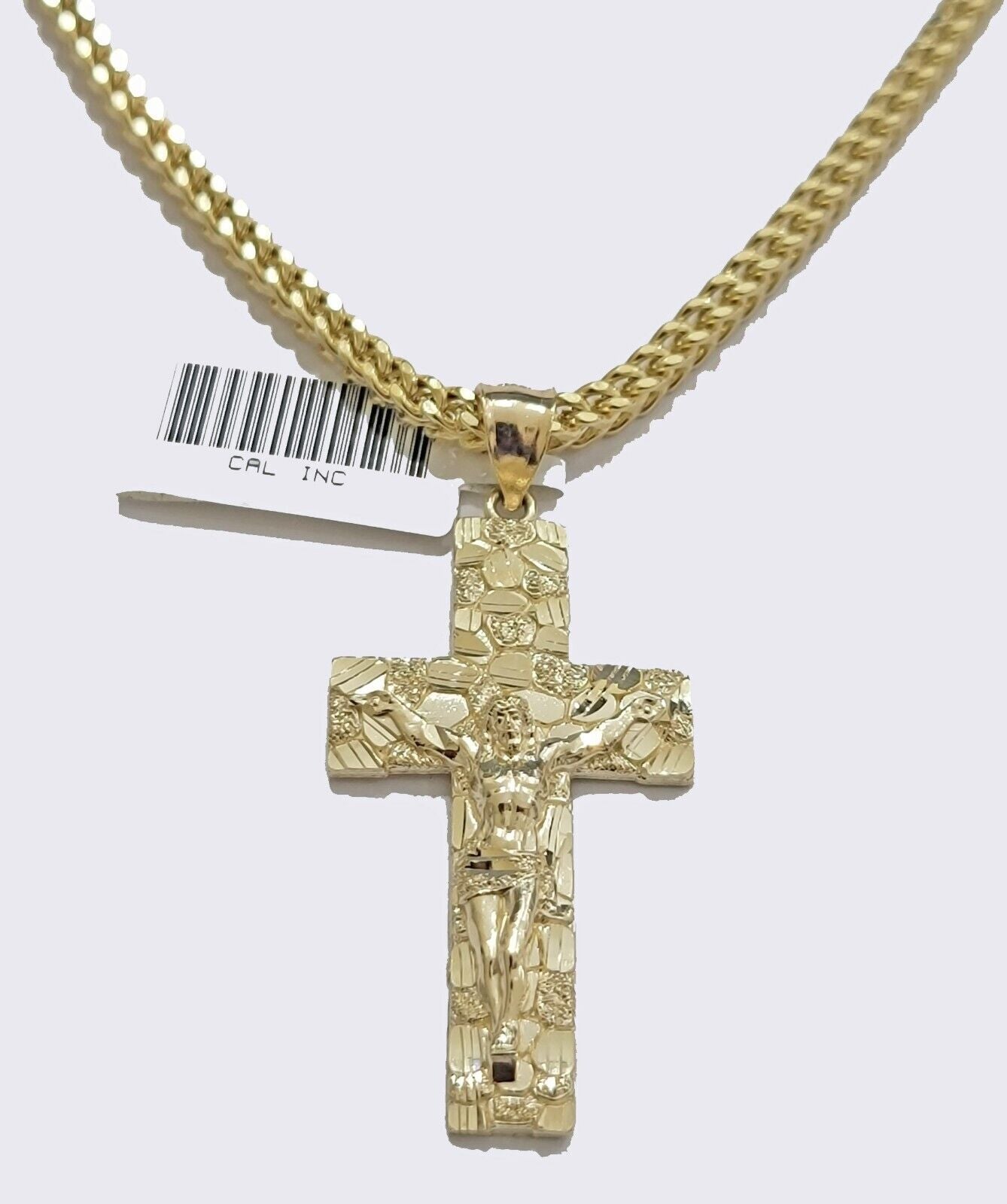 10k Gold Rope Chain Nugget Cross Charm Pendant Set 18-28 inch 3mm Necklace, REAL