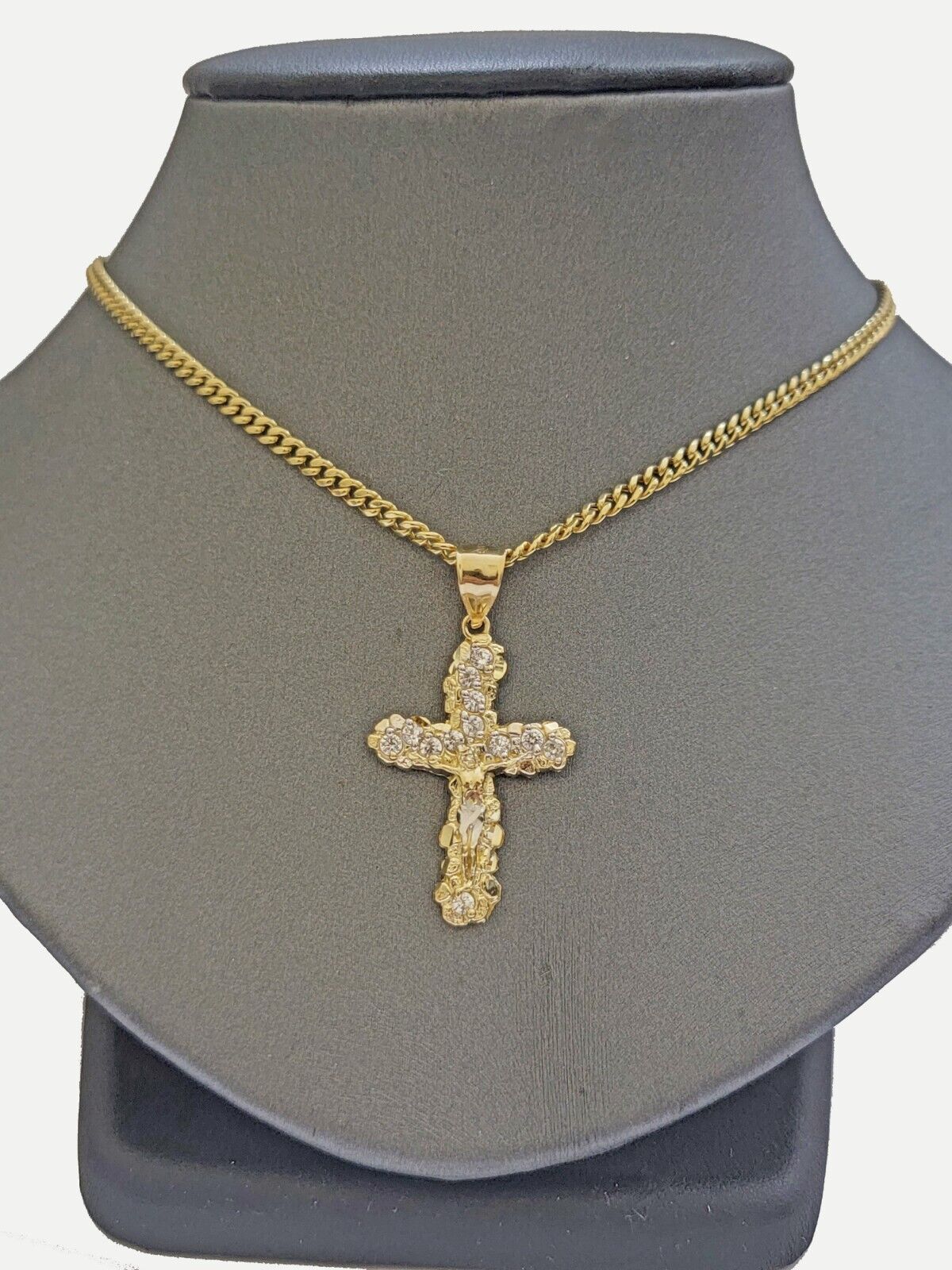 Real 10k Gold Jesus Cross Charm Chain Set Miami Cuban Link Necklace 2.5mm 18-26"