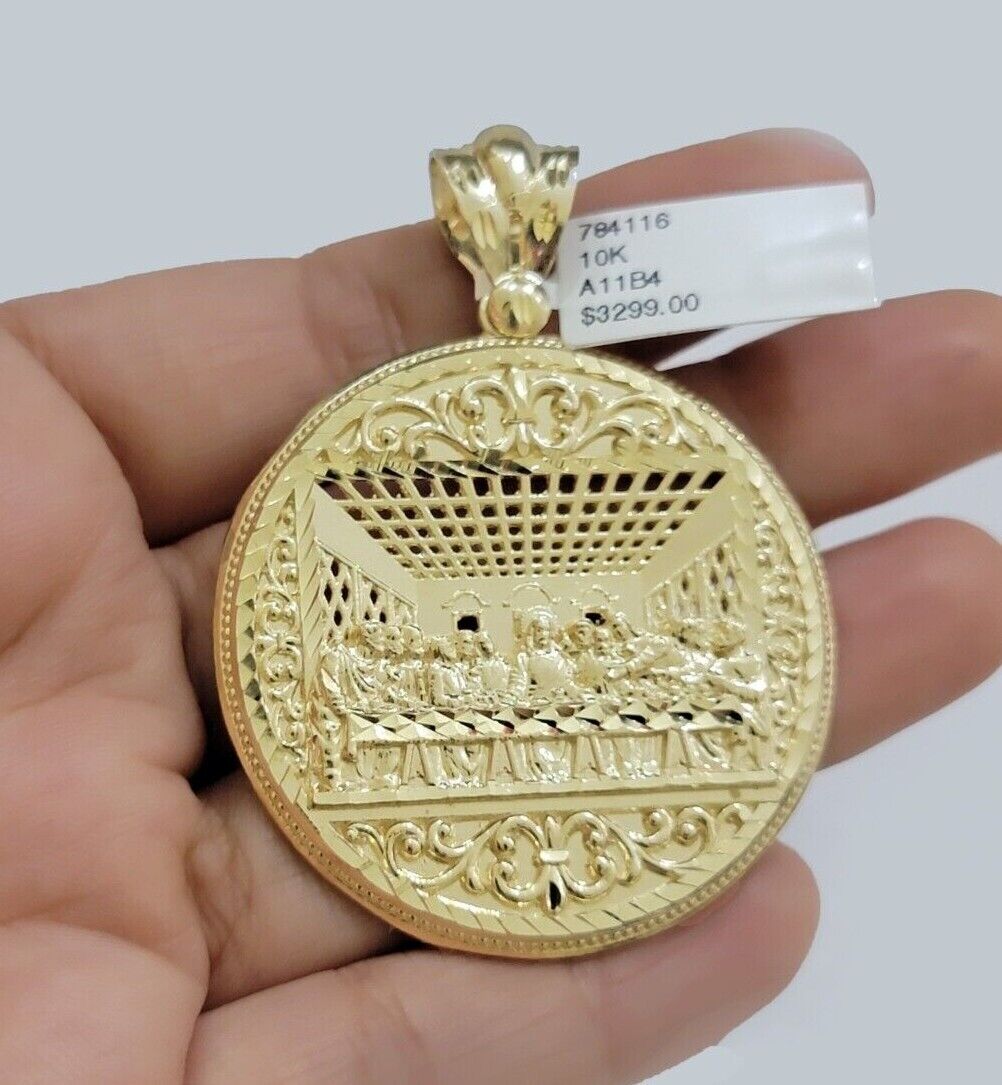 10kt Yellow Gold Last Supper Charm Pendant Franco Chain Necklace 3mm 26