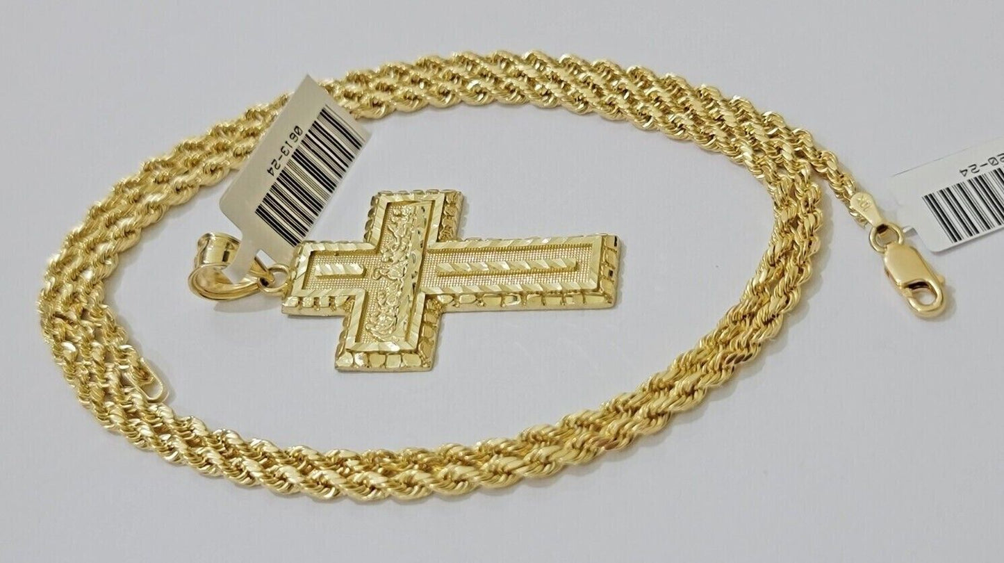 10k Yellow Gold Rope Chain Last Supper Cross Charm Pendant 18-28'' Inch Necklace