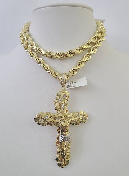 10k Yellow Gold Rope Chain Jesus Cross Charm Pendant 18-30'' Inch 8mm  Necklace