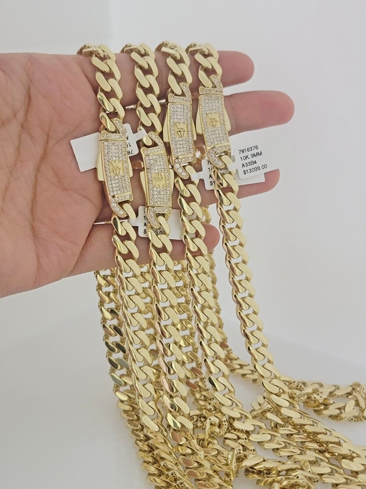 Real 10k Gold chain Cuban Link Monaco necklace 9mm 16-30 Inches CZ Box Lock 10KT