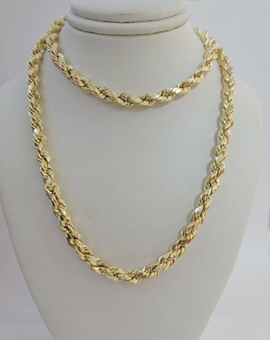 Real Gold 14k Rope Necklace Mens Chain 5mm 20"-26" Yellow Gold Diamond Cuts 10KT