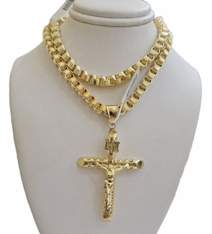 Byzantine chain and Cross charm pendant 10k Yellow Gold set 5mm Necklace 20"-28"