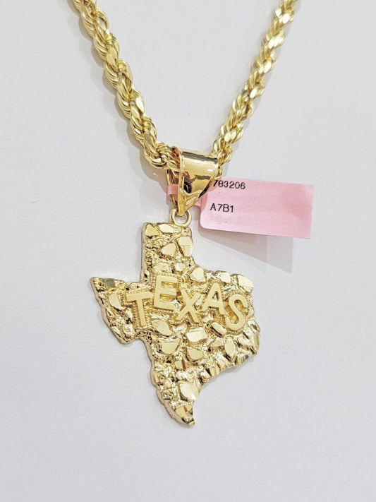 14k Gold Rope Chain & Nugget Texas map Charm pendant & 26 Inch Necklace Set Mens