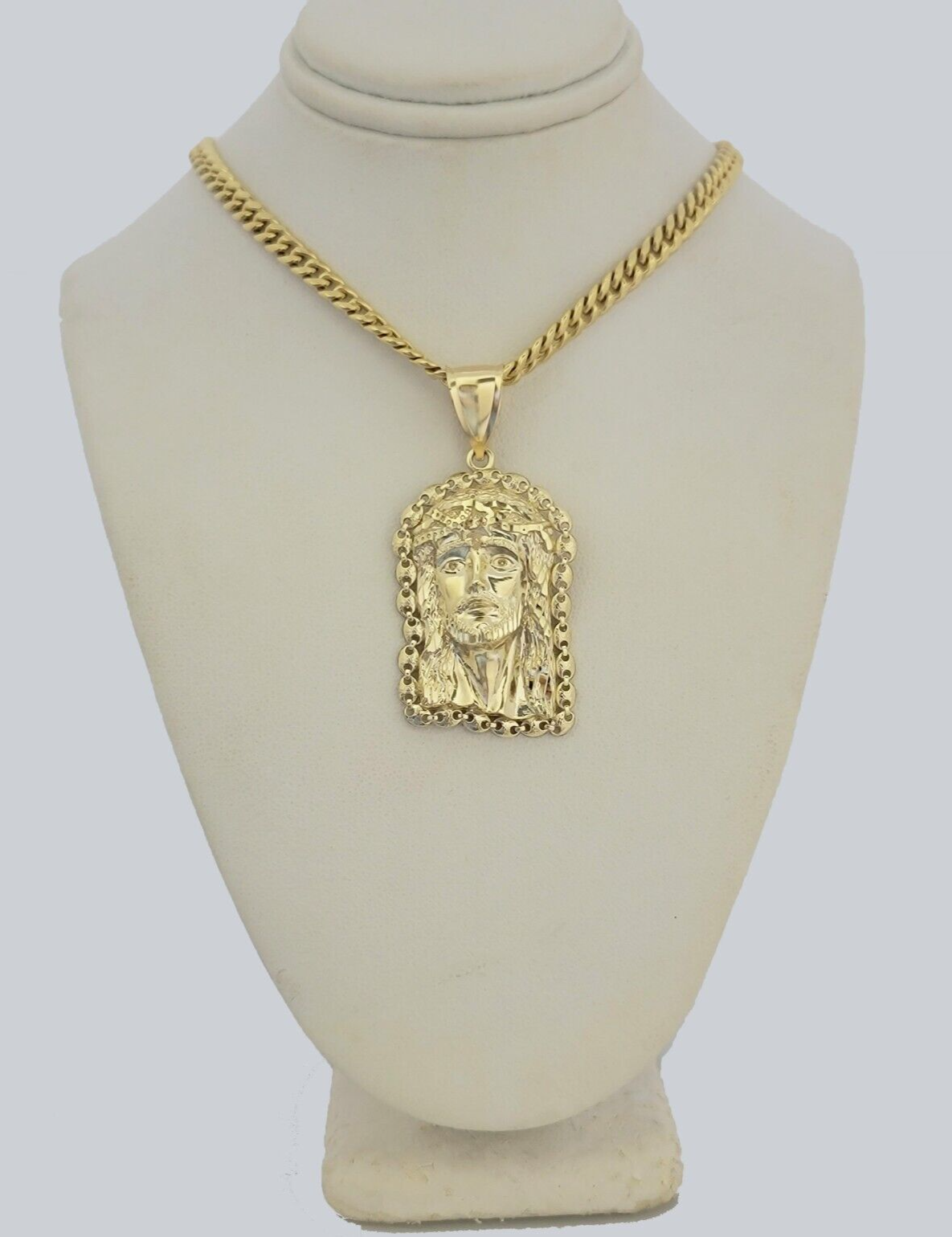 10kt Gold Miami Cuban Chain Jesus Head Charm Pendant 5mm 18-28Inch Necklace SALE