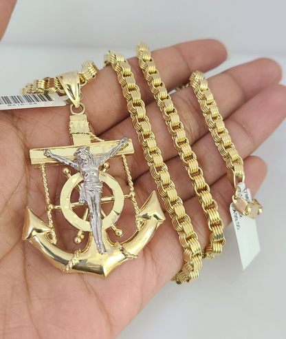 Real 10k Gold Byzantine Necklace Jesus Anchor Charm SET Chain 20"-28" 4mm