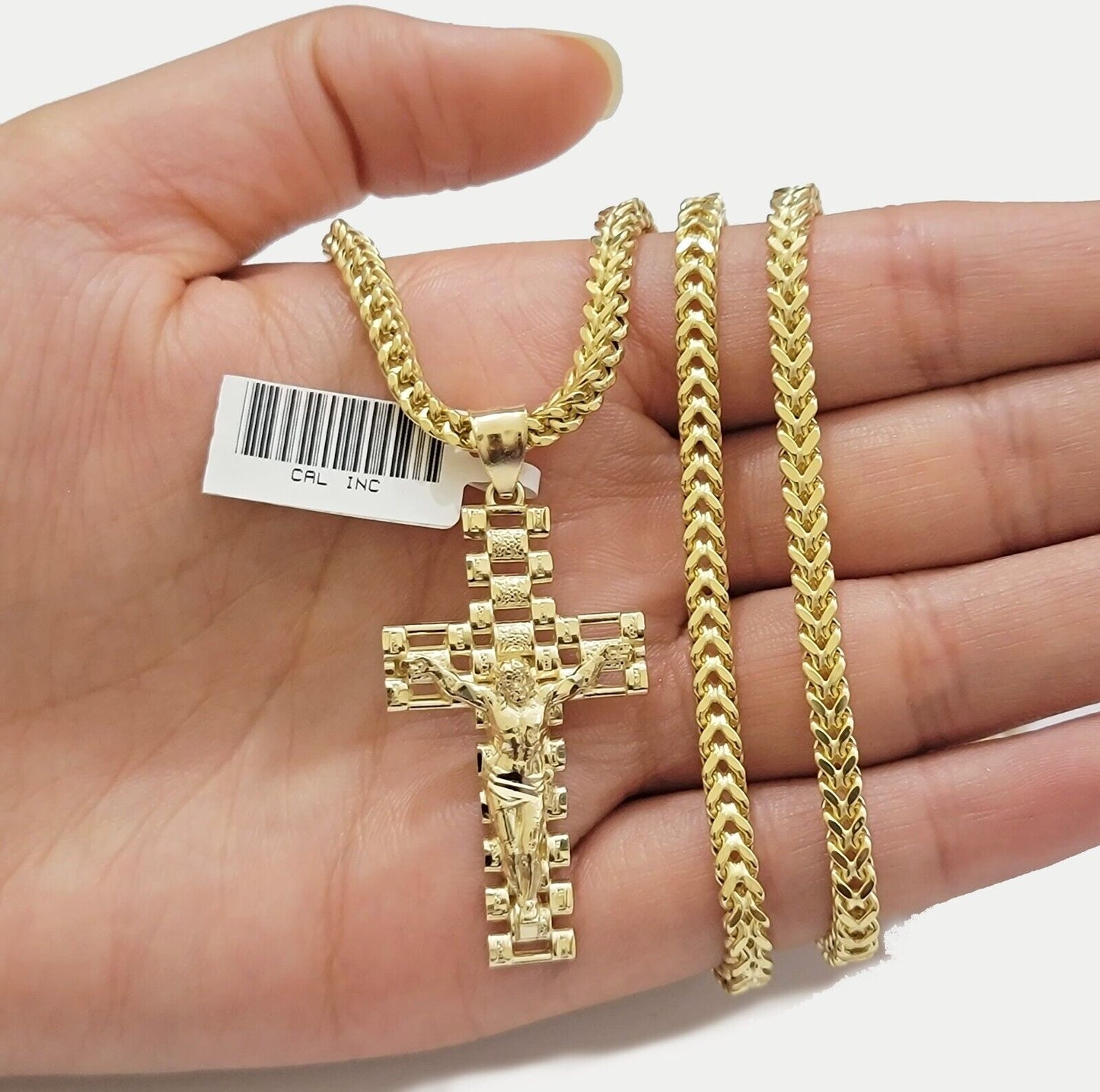 Real 10k Gold Cross pendant Franco chain SET 3mm Necklace & Jesus Charm Men's